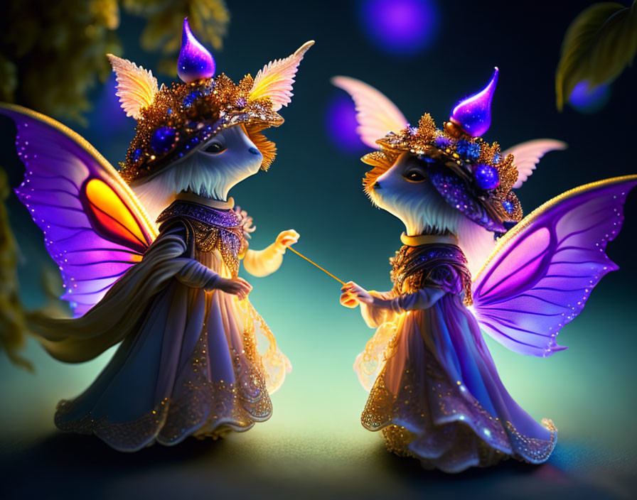 Fantastical creatures with fox-like faces in ornate robes and purple wings in mystical setting