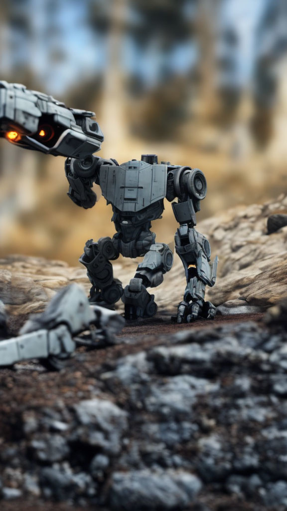 Detailed Toy Robot on Rocky Terrain with Another Robot Hand - Post-Battle Scene