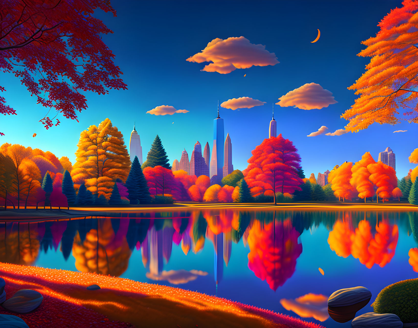 Colorful autumn trees mirrored in lake with city skyline and crescent moon