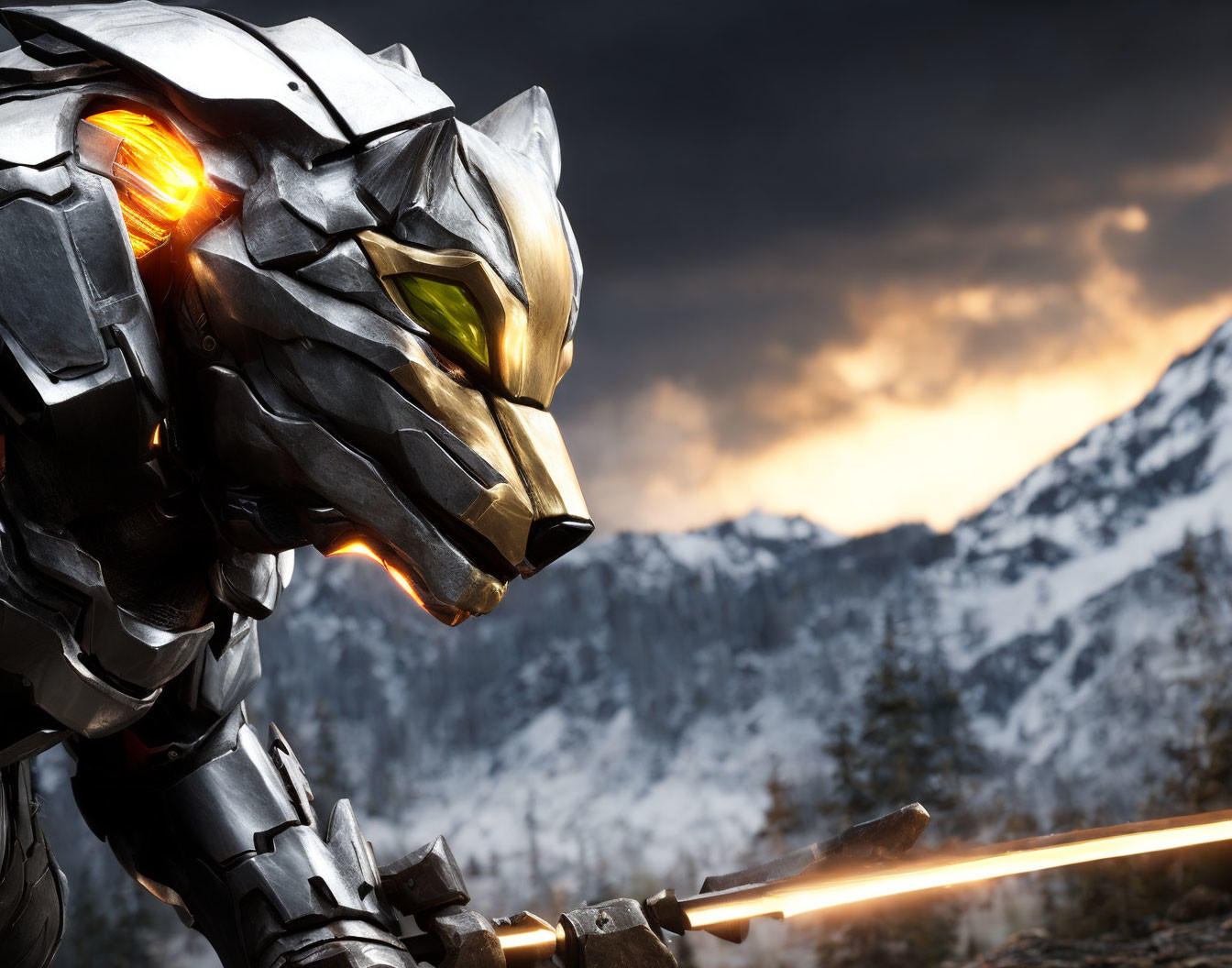 Metallic wolf-like robot with glowing eyes against snowy mountain backdrop