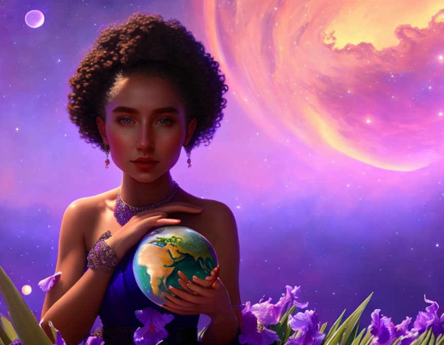 Illustration: Woman holding Earth with jewelry in cosmic scene