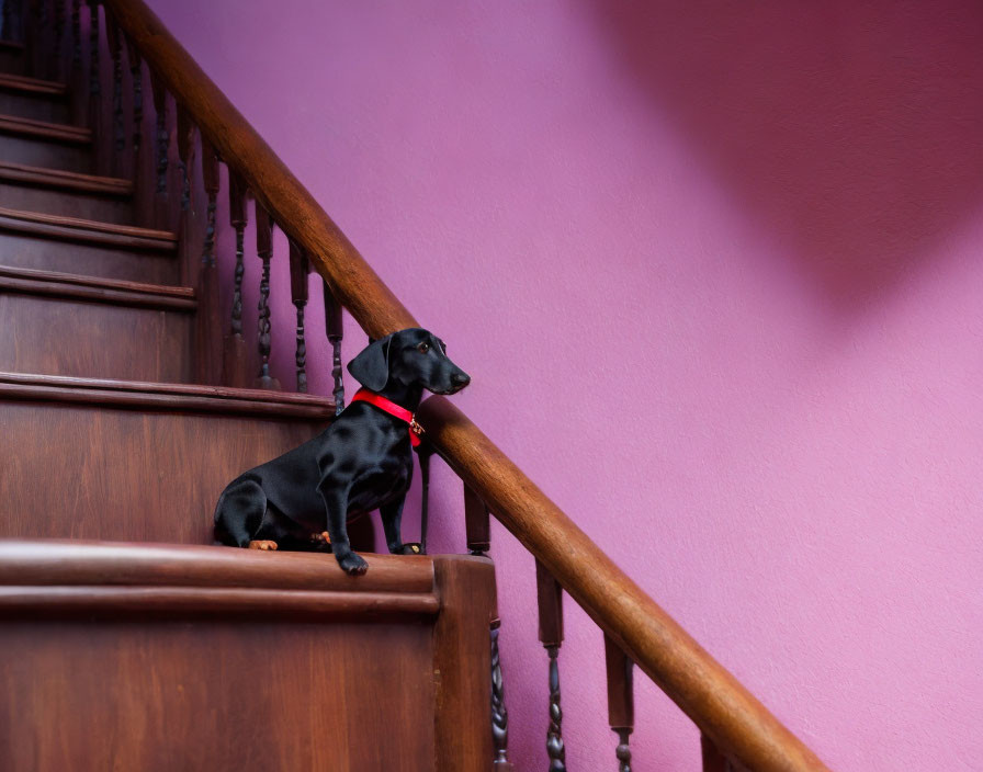 Black Dog with Red Collar Sitting on Wooden Stairs Against Pink Wall