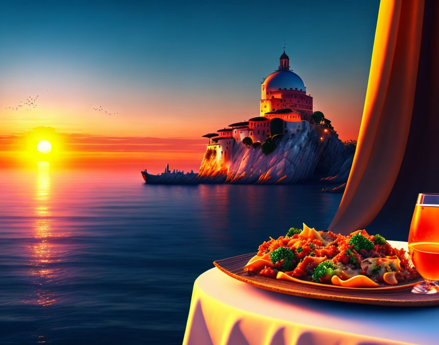 Romantic dinner setup with pasta, wine, sunset, sea view, and cliff-top building