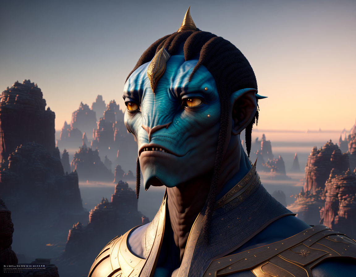 Blue-skinned alien portrait with yellow eyes in 3D against rocky sunset