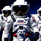 Four astronauts in white space suits against deep space backdrop