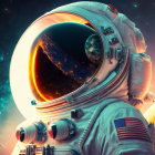 Astronaut with reflective helmet visor gazing at vibrant planets and stars in space