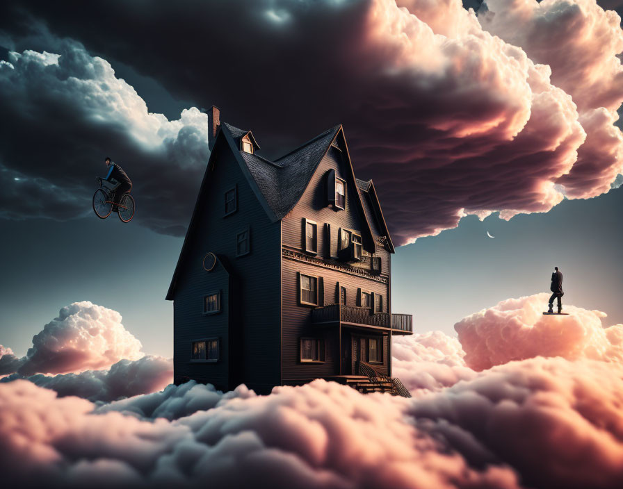 Surreal image of house on clouds with person on roof and another on bike in mid-air