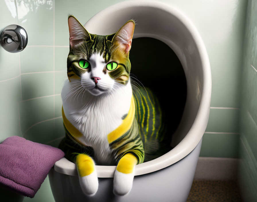 Tabby cat with green eyes in open toilet bowl next to purple towel