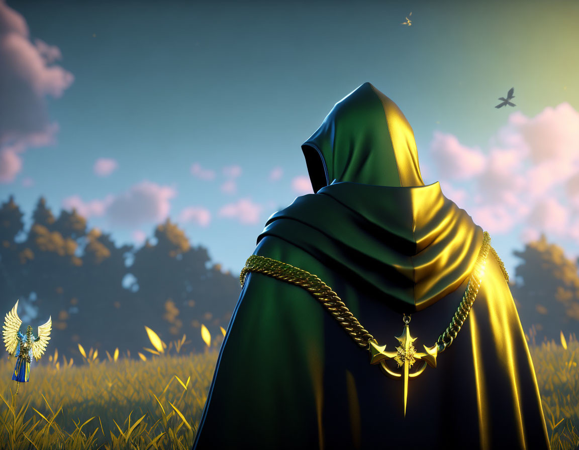 Green cloaked figure with golden chain and pendant in field at sunset with birds and blue sky.