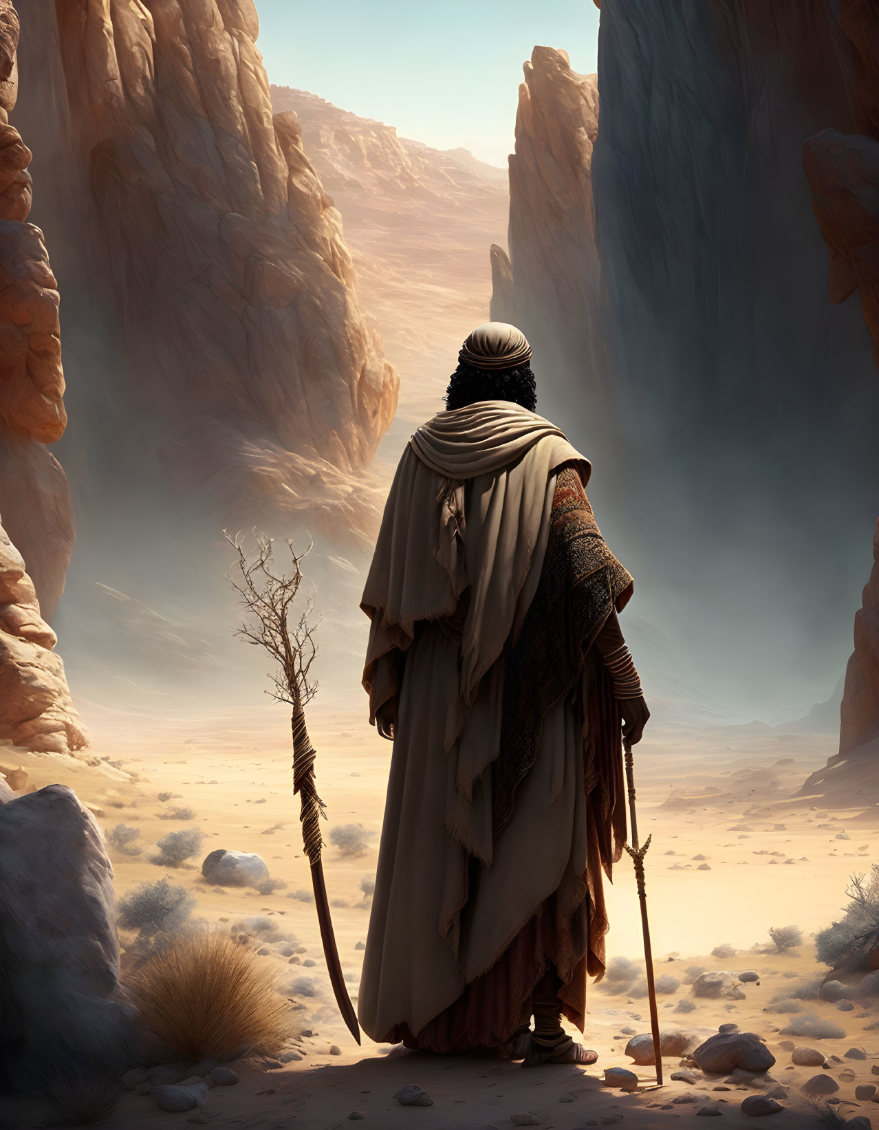 Mysterious cloaked figure with staff in desert canyon landscape
