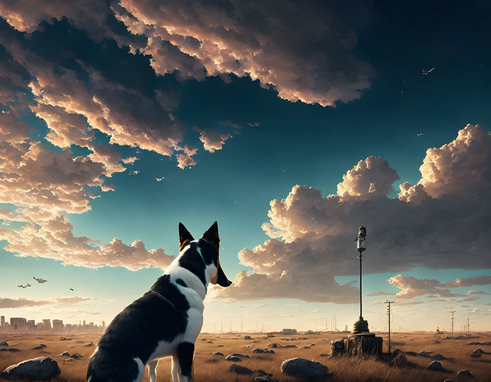 Dog looking at city skyline under dramatic sky with fluffy clouds and lamp post.