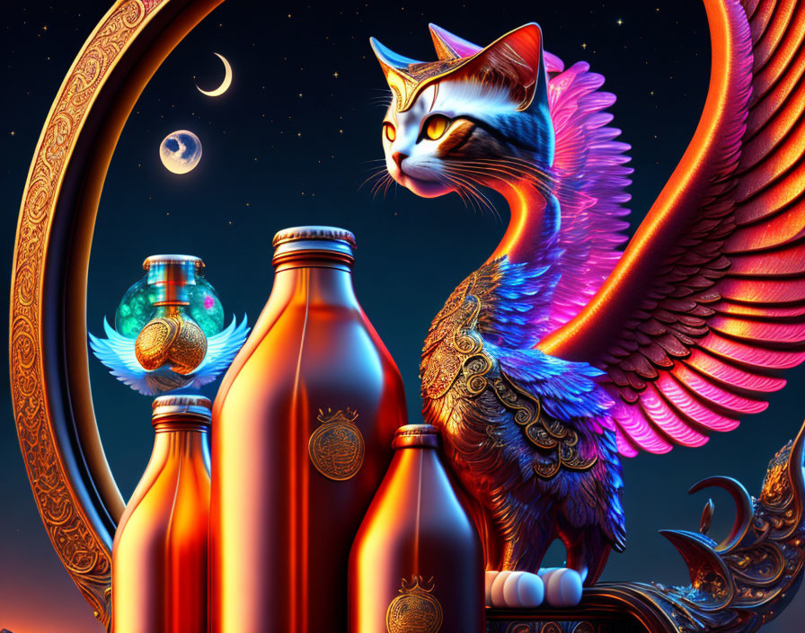 Winged cat with headdress beside ornate bottles under starry night sky