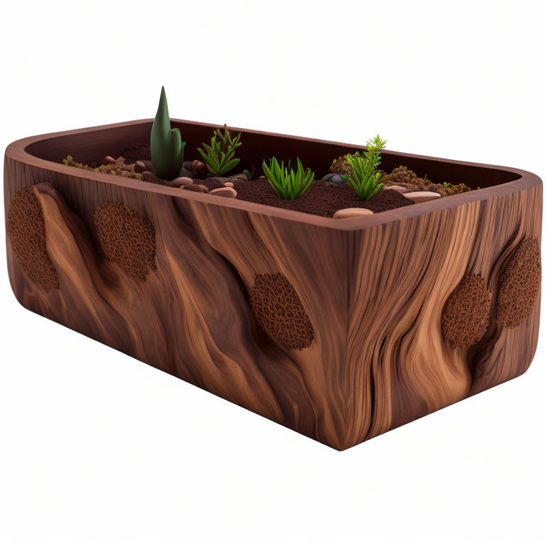 Wooden Planter with Honeycomb Patterns and Succulent Plants in 3D