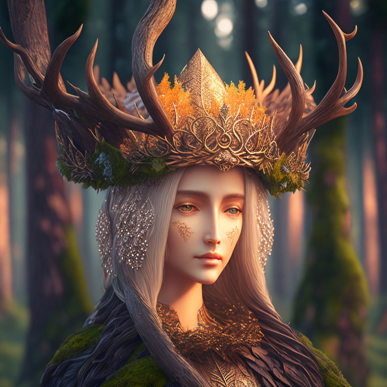Ethereal figure with antler crown in enchanted forest