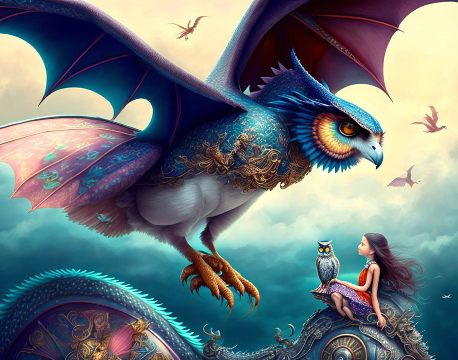 Colorful fantasy illustration: Large owl with girl on metallic structure in whimsical sky.