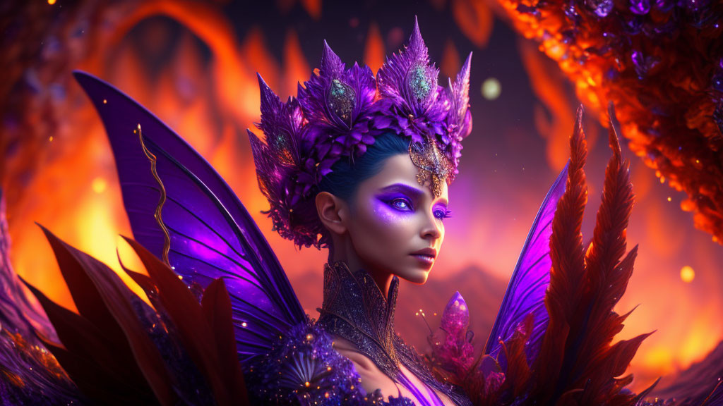 Person with Striking Purple Makeup and Elaborate Feather Headgear on Fiery Background