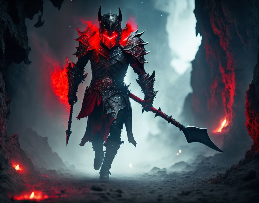 Armored figure with spiked polearm in volcanic cave.