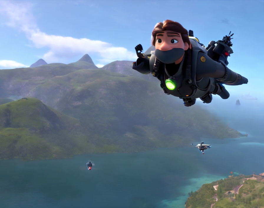 Jetpack-wearing animated character soars over coastal landscape with other flyers.