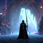 Cloaked figure with large sword in mystical cavernous room