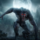 Menacing werewolf in moonlit forest with glowing eyes