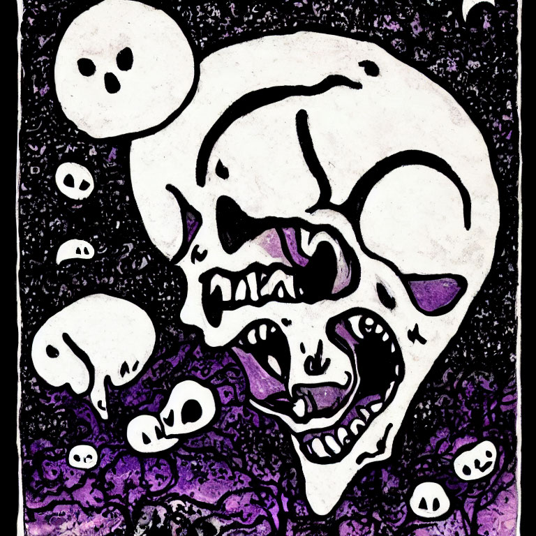 Detailed stylized skull illustration on purple and black backdrop