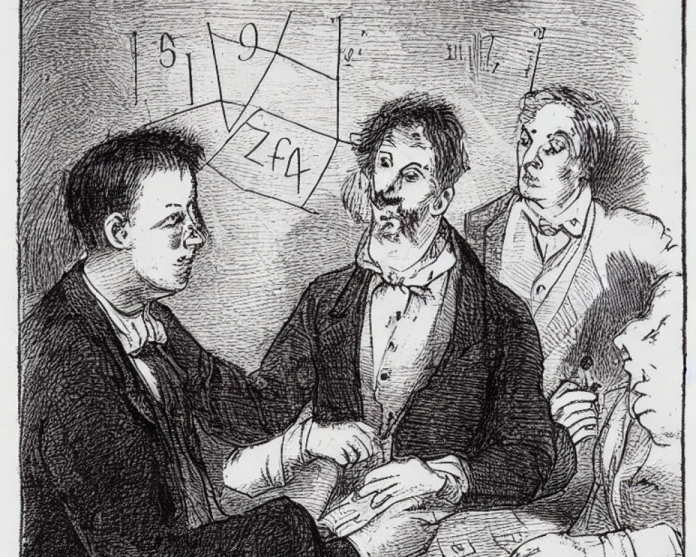 Men examining geometric shapes in sketched scene with curious expressions