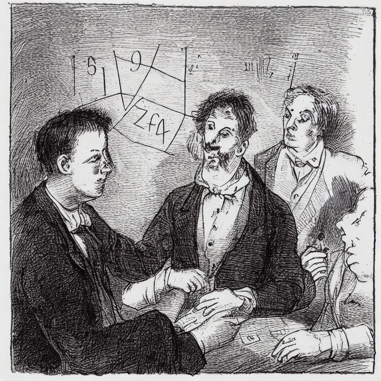 Men examining geometric shapes in sketched scene with curious expressions