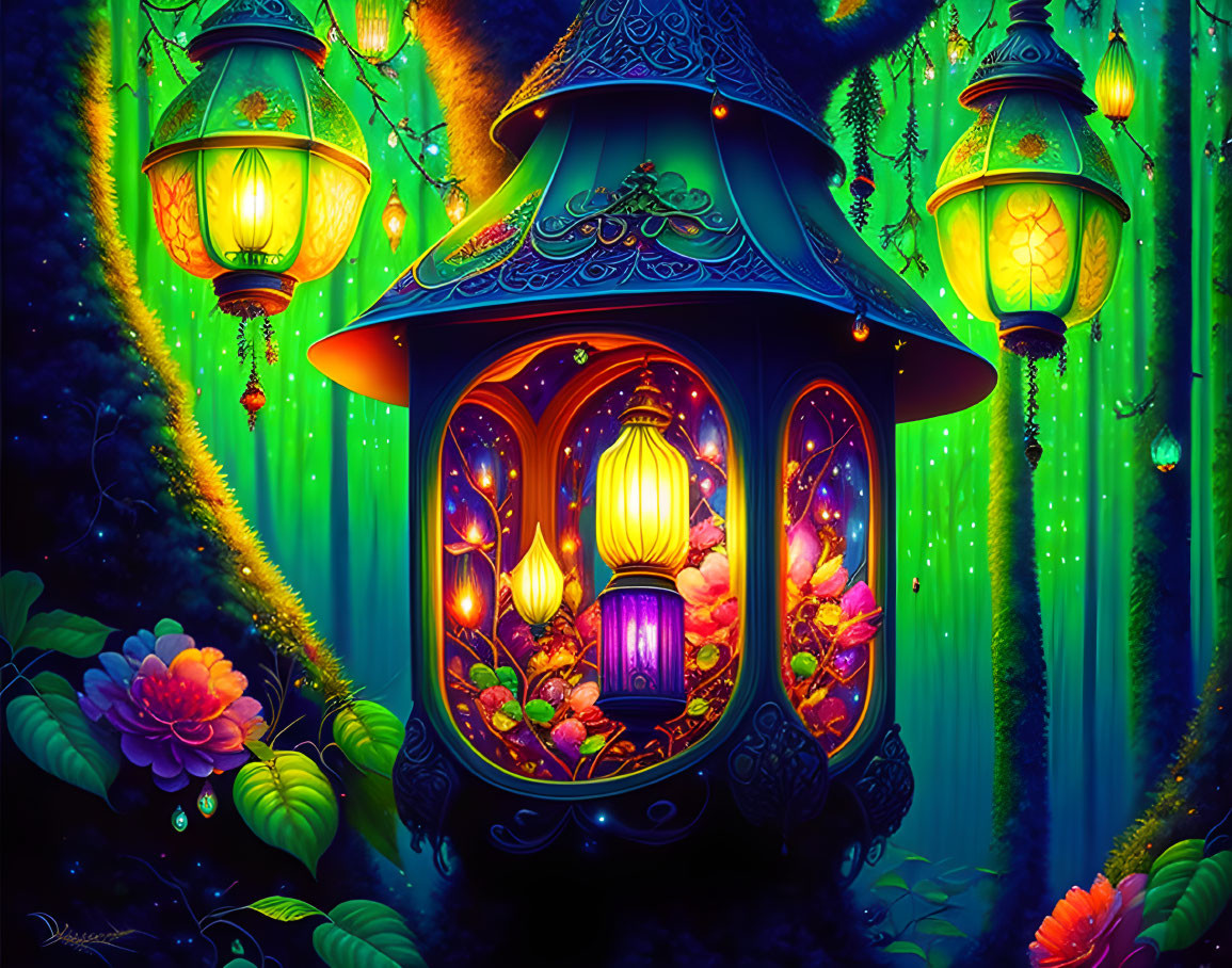 Illustration of lantern-filled forest with vibrant flowers and glowing lights