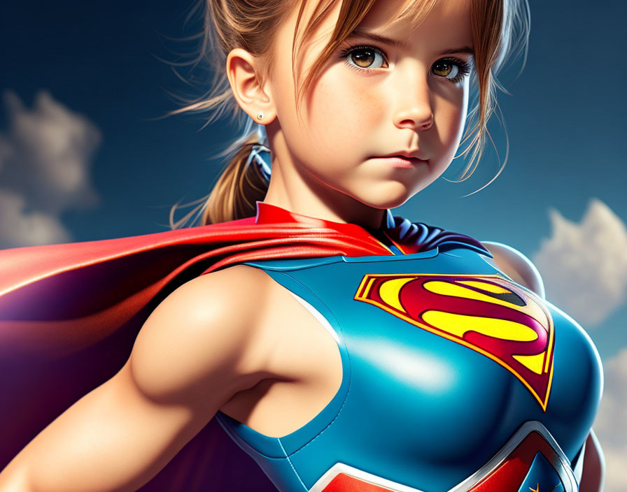 Young girl in superhero costume with cape confidently gazes aside against sky.