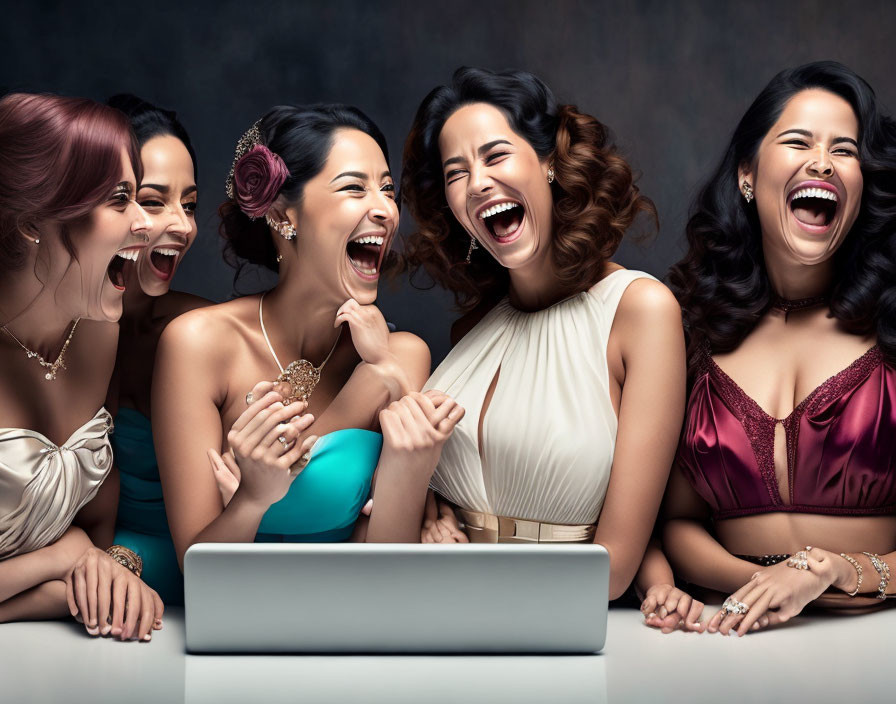 Five elegantly dressed women laughing joyously in front of a laptop on a dark background