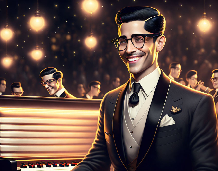 Illustration of Smiling Man in Suit Playing Piano with Group of Men in Warm Light