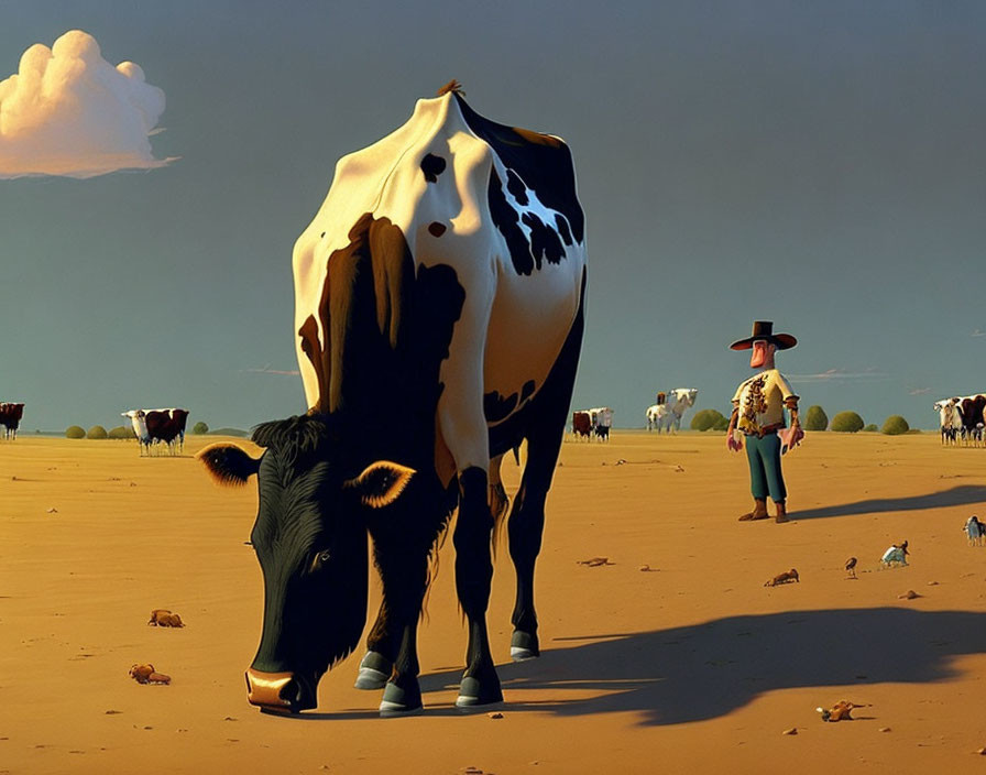 Oversized cow with large head in desert scene with person and other cows