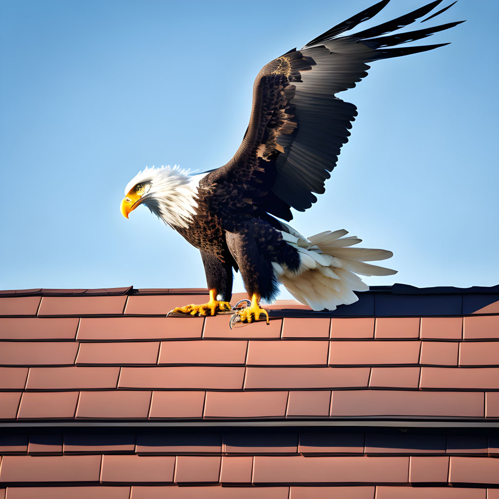 Eagle perched on rooftop with wings spread under clear blue sky