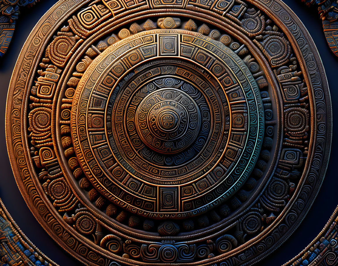 Intricate Bronze Mayan Calendar with Detailed Carvings
