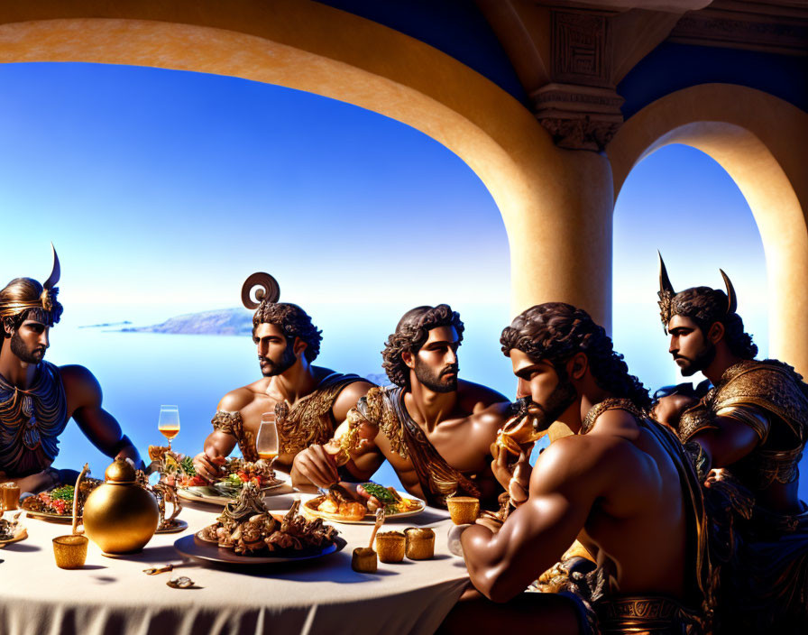 Four muscular ancient Greek men feasting by the sea in armor.