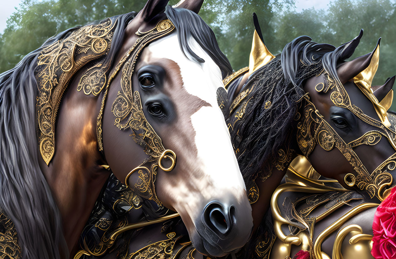 Elaborate golden bridles on two horses, one brown and white, the other black