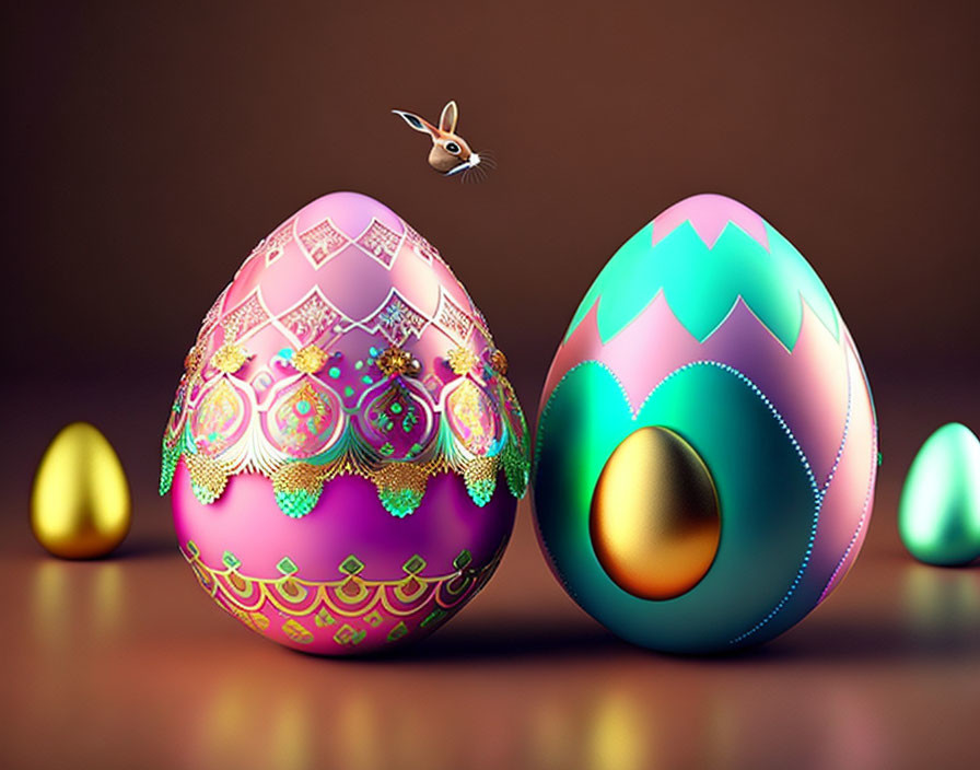 Colorful Easter eggs with intricate designs on brown background, bunny peeking.