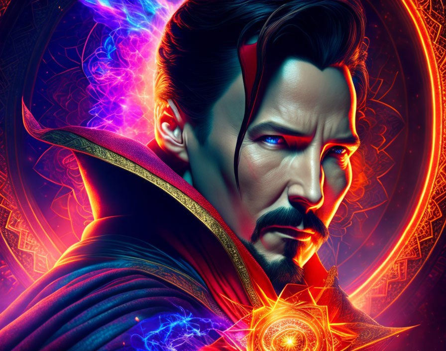 Man with Goatee in Mystical Cape Surrounded by Blue and Purple Energy