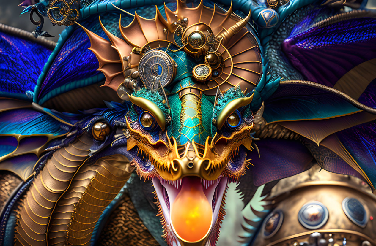 Detailed digital artwork: Mechanical dragon with gold and blue accents breathing fiery orange glow