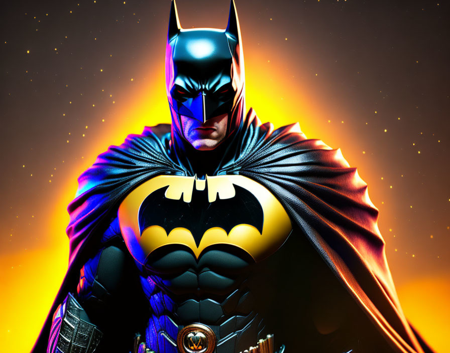 Batman Figure Stands Heroically Against Fiery Night Sky