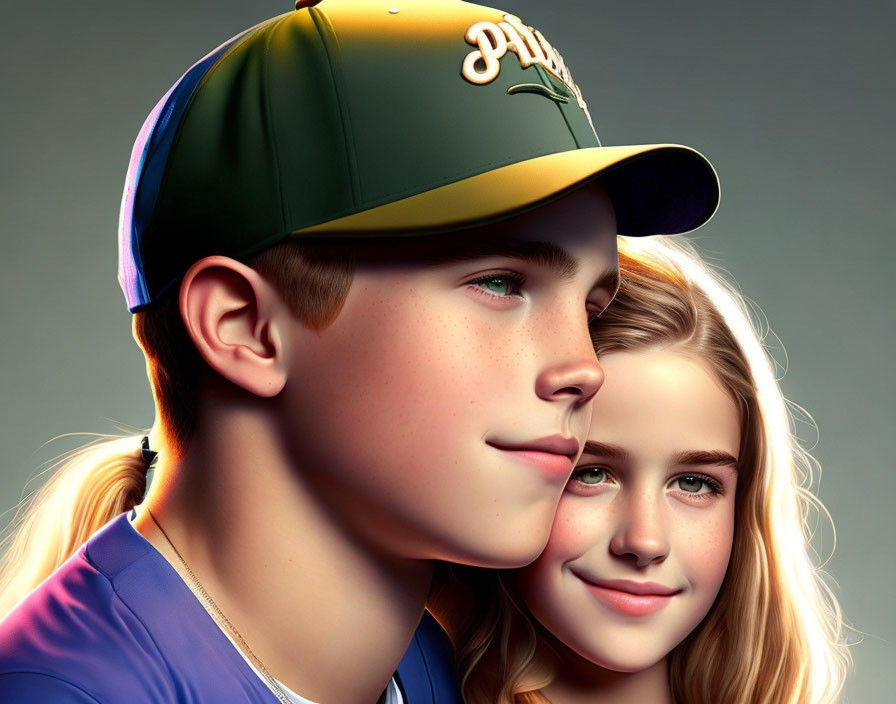 Teenage boy and girl smiling in baseball cap and wavy hair portrait.