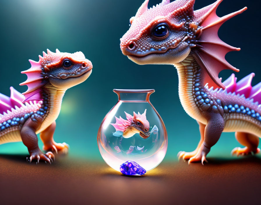 Colorful Dragons Observing Crystal and Small Companion