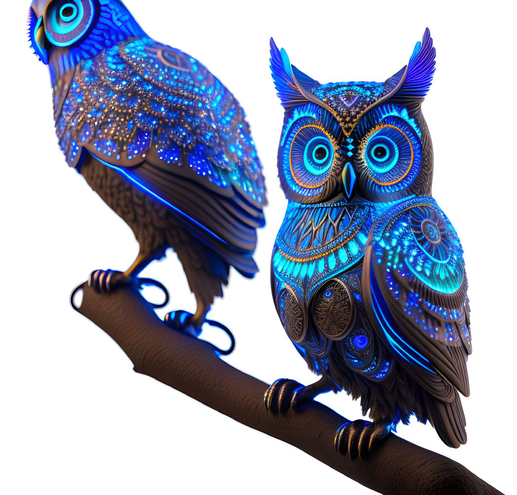 Ornate mechanical owls with intricate patterns and glowing blue accents on a branch