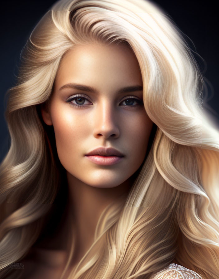 Blonde woman portrait with striking gaze on dark background