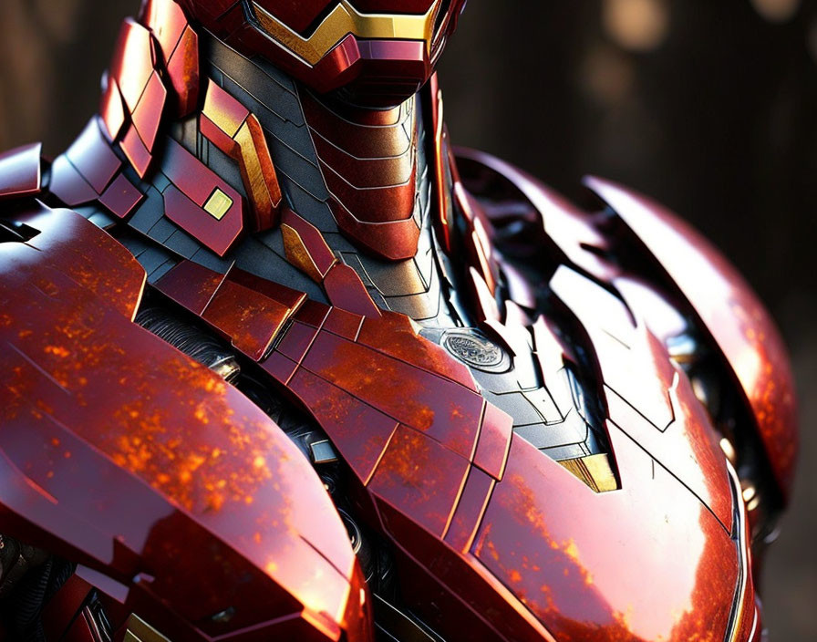 Detailed Iron Man suit with red and gold finish and arc reactor.