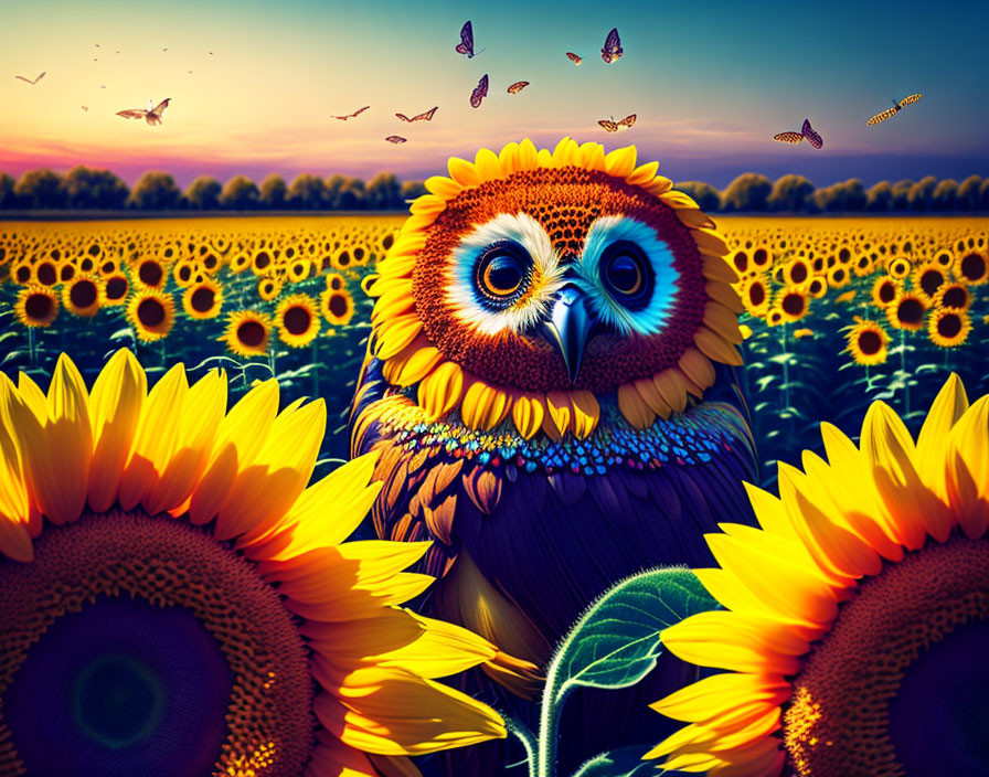 Colorful Owl Among Sunflowers at Sunset with Butterflies and Birds