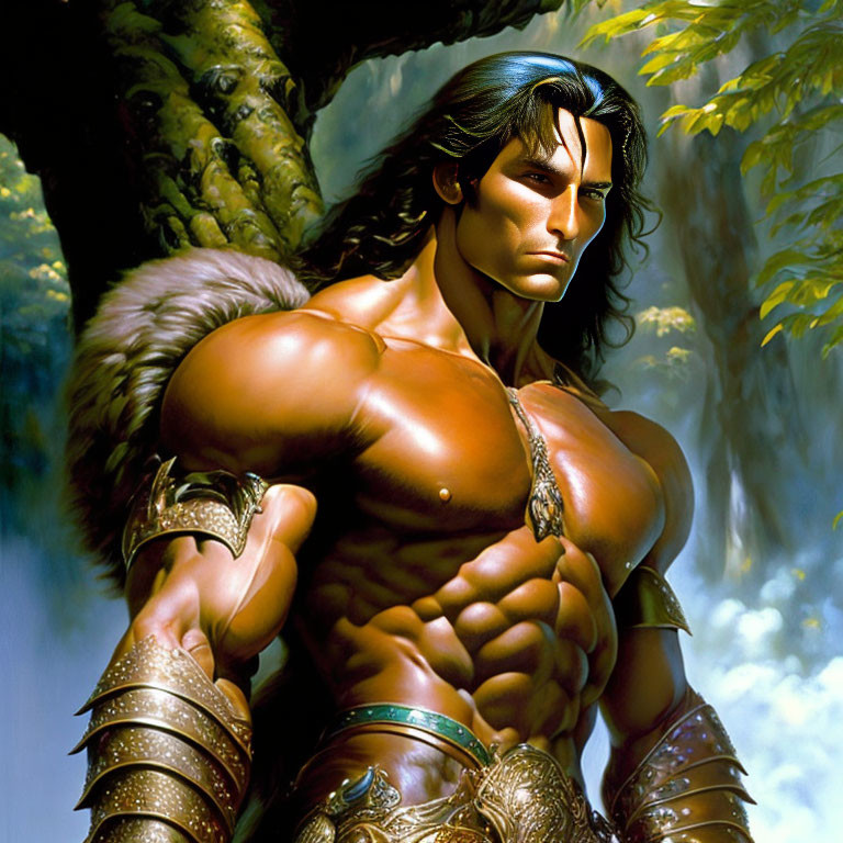 Muscular man with bronze skin in fantasy setting wearing armor and fur.