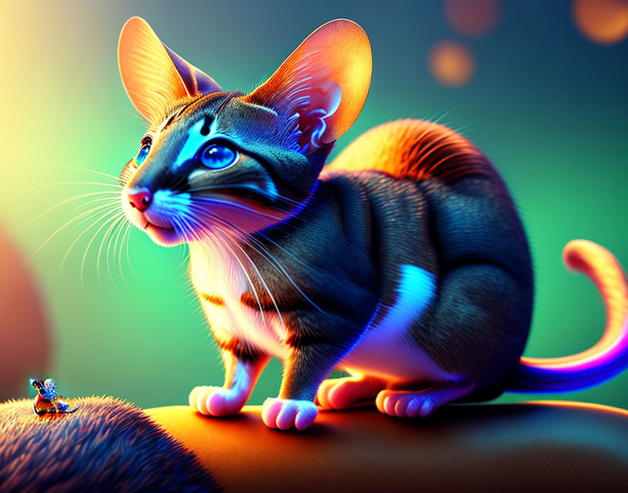 Colorful digital art: Oversized-eared mouse and tiny figure in soft lighting