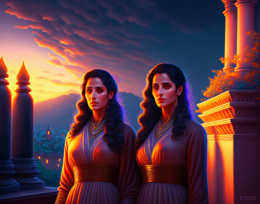 Women on balcony at dusk with ancient-inspired architecture and warm sunset glow.