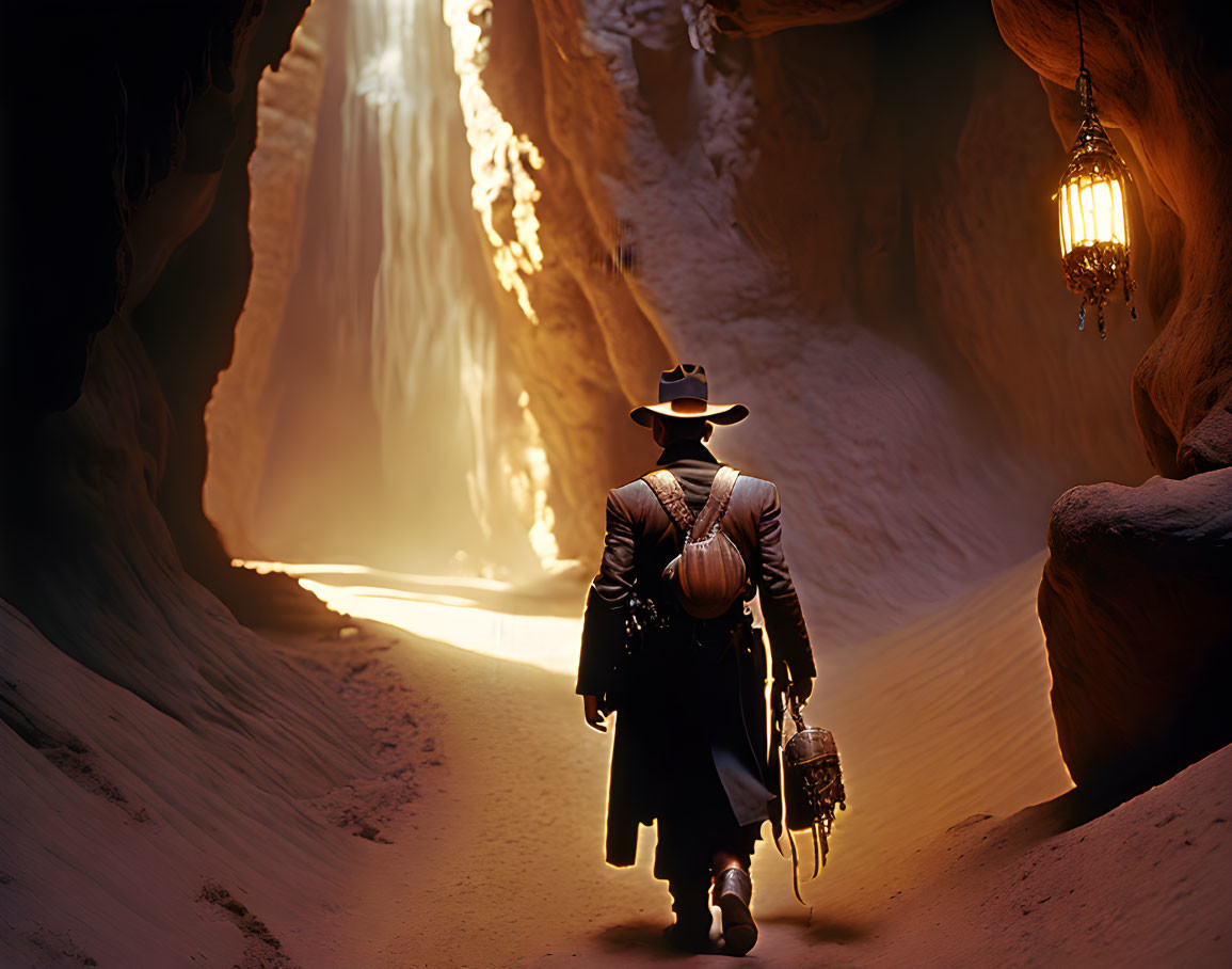Cowboy in sunlit canyon with lantern and satchel